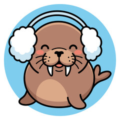 Obraz premium Cute walrus wearing earmuffs vector illustration