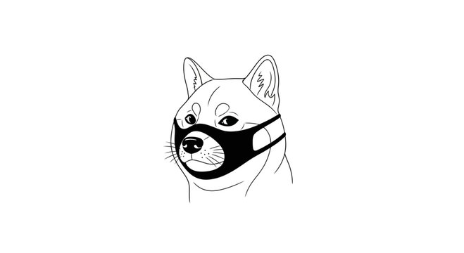 Shiba Inu Dog Wearing a Black Face Mask - Line Art Illustration