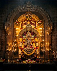 Fototapeta premium Decorated sacred deity shrine with floral garlands and lamps