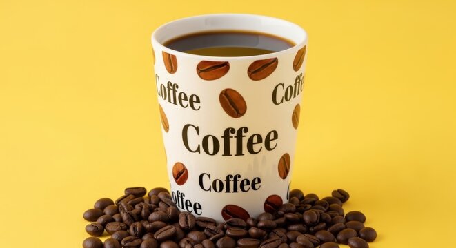 A white paper coffee cup filled with dark beverage surrounded by roasted coffee beans on a bright yellow background