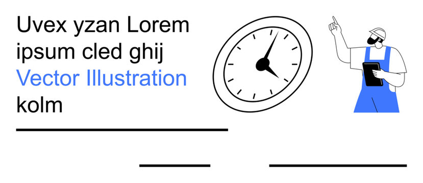Time management, productivity, working hours, schedule planning, instructional design, education. Worker with clipboard pointing beside a clock. Time management and productivity concepts