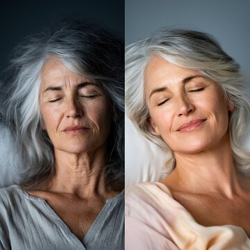 Senior woman sleep quality transformation before and after anti aging split screen diptych