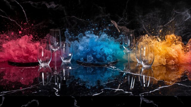 Dramatic Colorful Liquid Splashes and Explosions with Wine Glasses on Black Marble Background