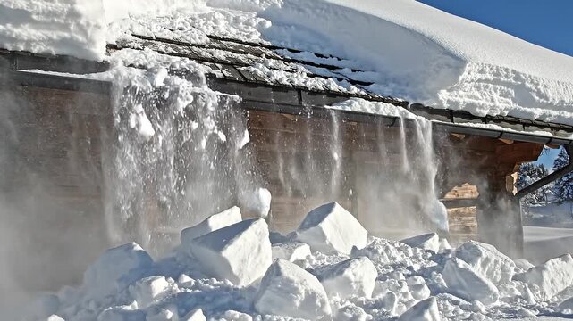 Thick layer of snow sliding off a log cabin roof in winter