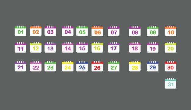 Colorful calendar icons showing each day of a month in a neatly organized grid layout with vibrant tabs