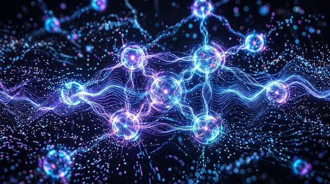 Abstract Quantum Computing Visualization Glowing Particle Orbs and Wave Connections on Dark Background