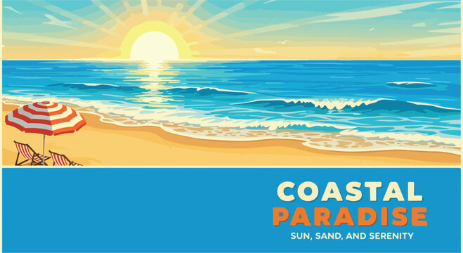Coastal Paradise sunset beach landscape, tropical ocean horizon with sun and sand, serene summer vacation banner with umbrella and lounge chairs