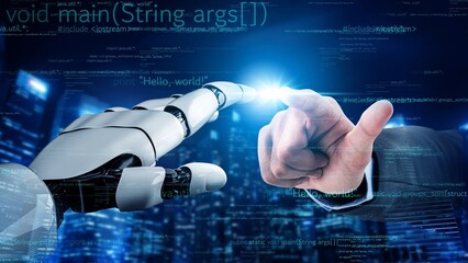 A futuristic scene depicts a human hand and a robotic hand reaching out to each other, surrounded...