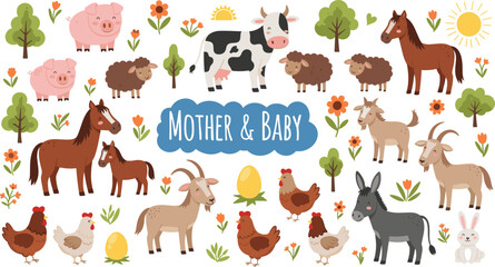 Fototapeta premium Cute Farm Mother and Baby Animals Clipart Vector Set with Cow Horse Pig Sheep Goat and Chicken for Kids Nursery Decor Designs