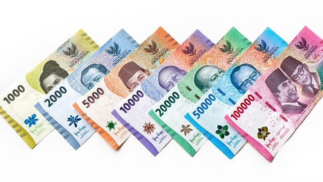 Colored Indonesian rupiah banknotes of various denominations on a light background. Concept of finance, cash, and the foreign exchange market.