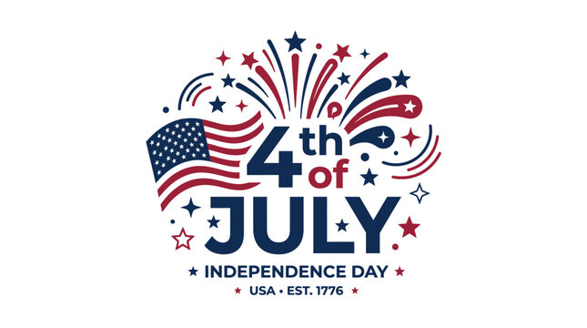 Circular 4th of July logo with flag and fireworks.