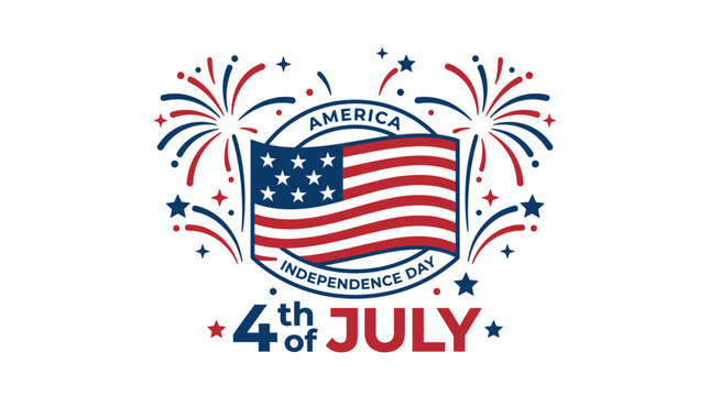 Fourth of July flag shield emblem with festive firework display.