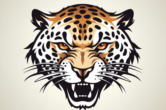 A roaring leopard face in tribal tattoo vector, spot patterns integrated as geometric tribal marks, isolated on white, mascot logo design 