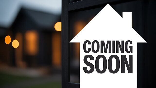 Coming soon real estate sign on modern house exterior background

