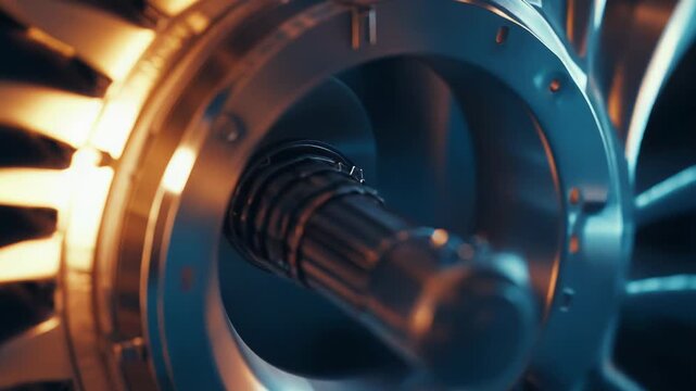 Aircraft turbine engine with intricate blades and central shaft, close up showing precision metal components, compressor fan, and engineering detail symbolizing advanced propulsion and power