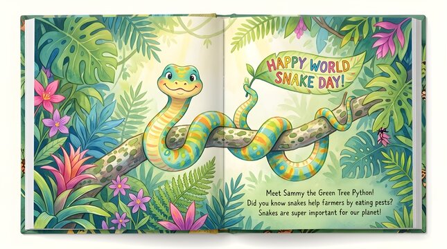 Open Children's Storybook Page Mockup with Cute Cartoon Snake Illustration for Happy World Snake Day, Educational Kids Jungle Book Template