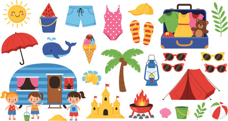 Cute Summer Beach Camping Vector Clipart Set with Trailer Tent Sandcastle Kids and Holiday Travel Elements for Children Vacation Graphic Designs © Ismail