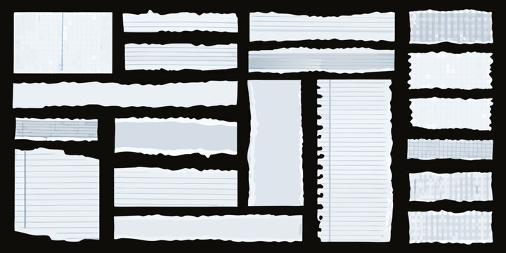 Collection of torn notebook paper fragments with lined pages on a black background