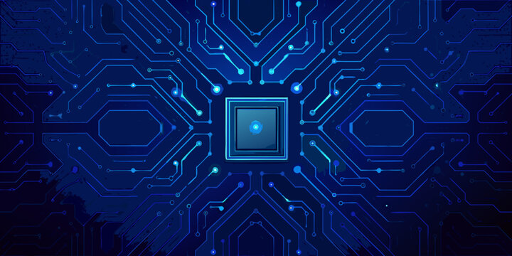 abstract circuit board pattern with glowing central microchip blue technology background
