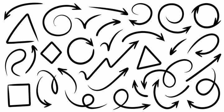 collection of hand drawn black arrows geometric shapes and doodle elements on a white background