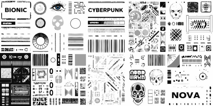 cyberpunk collage with bionic eye skull and robotic elements in monochrome style