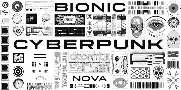 Cyberpunk collage with bionic eye gears and circuit board elements on a black background