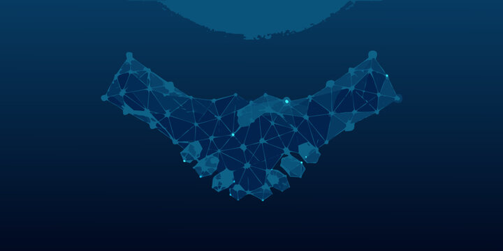 Blue low poly wireframe handshake illustration against a dark gradient background