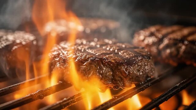 Juicy grilled beef burgers cooking over open flame on barbecue grill with delicious char marks