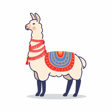 Cute Cartoon Llama with Colorful Blanket and Tassels