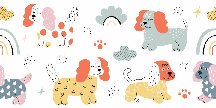 hand drawn dog breeds pattern with poodle bulldog and dachshund illustrations on white background