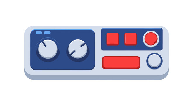 A modern, stylized illustration of an audio interface with control knobs and red buttons on a white background.