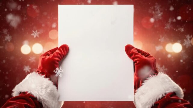 Santa Claus holding blank paper with festive red background and snowflakes for Christmas message