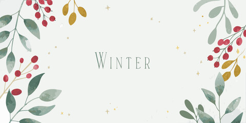 watercolor winter floral frame with berries and leaves on a pale background © Debashis
