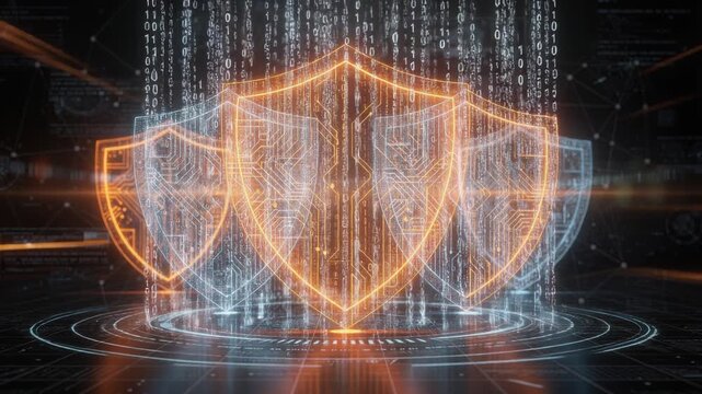 Digital cybersecurity shields protecting against cyber attacks and data breaches in futuristic technology concept
