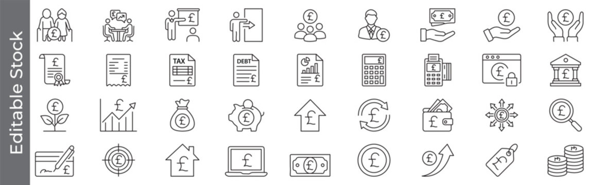 British pound finance and banking icon set &ndash; editable outline symbols of currency, investment, tax, debt, savings, mortgage and financial management elements
