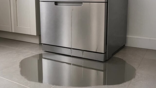 Water leaking from a stainless steel dishwasher causing a large puddle on tiled kitchen floor
