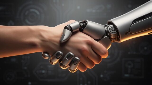 Human hand shaking a futuristic robot hand symbolizing technology partnership and innovation