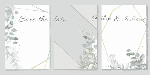 watercolor triptych with gold foil accents and eucalyptus leaf arrangements wedding stationery © Debashis
