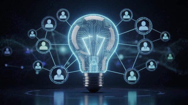 Innovative digital technology concept with glowing light bulb and connected social network icons