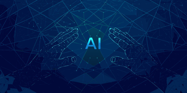 Wireframe hands reaching towards each other with ai text digital network background