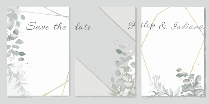 watercolor triptych with gold foil accents and eucalyptus leaf arrangements wedding stationery