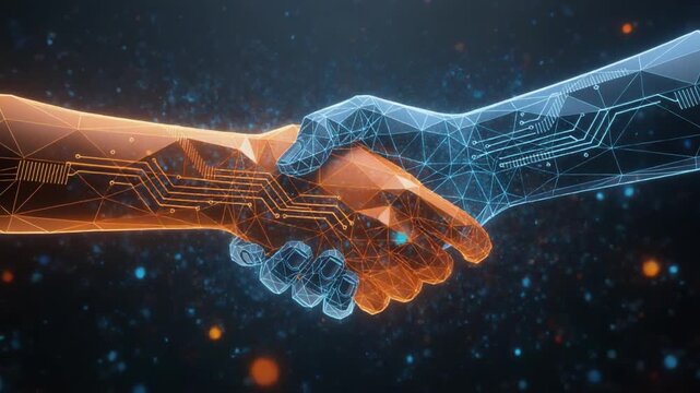Digital handshake between human and robot representing technology partnership and artificial intelligence connection