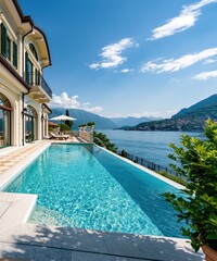 Obraz premium Luxurious italian villa on lake como with infinity swimming pool offering scenic mountain and lake view