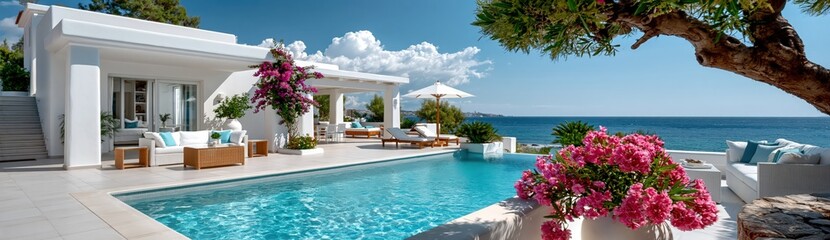 Fototapeta premium Luxury mediterranean villa with swimming pool, enjoying a summer vacation and tranquil sea view from outdoor patio