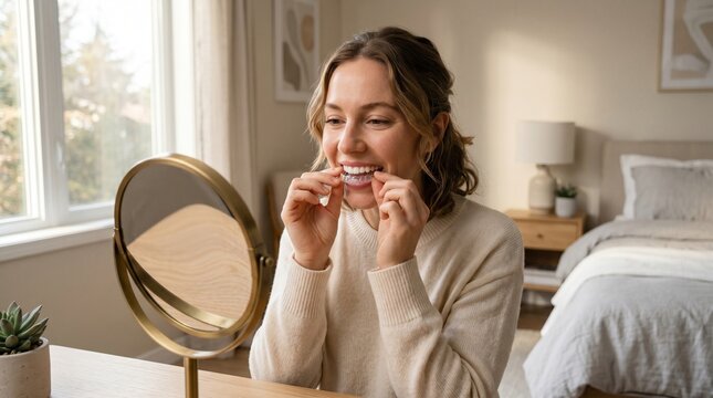 Young woman applying clear dental aligner with natural smile in warm bedroom setting, modern wellness concept focused on orthodontic treatment