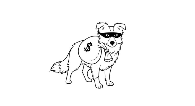 Thieving Dog Bandit with Money Bag, Masked Canine Criminal Stealing Cash