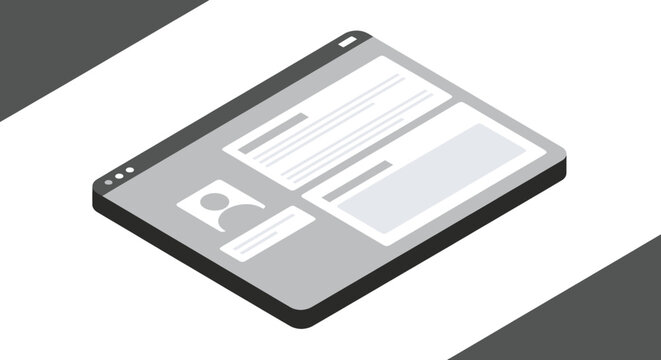 Isometric grayscale illustration of a web browser window displaying a user interface with content blocks and a profile icon.
