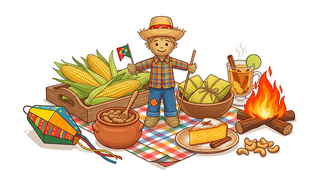 A vibrant still-life of a traditional Brazilian Festa Junina arrangement centered on a straw puppet of Saint John with corn and balloon lanterns