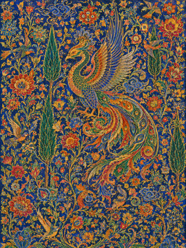Traditional Persian Miniature Simurgh Art Print, Flat Mineral Gouache Painting on Paper for Luxury Orientalist Decor
