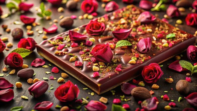 Delicious ruby chocolate bar with pistachios and rose petals